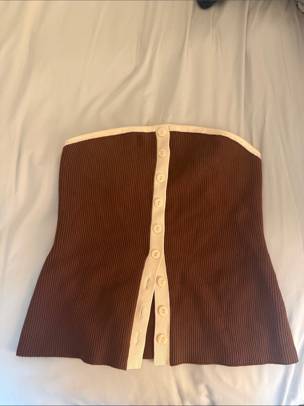 Brown Ribbed Strapless Button-Front Sweater Top with Cream Trim